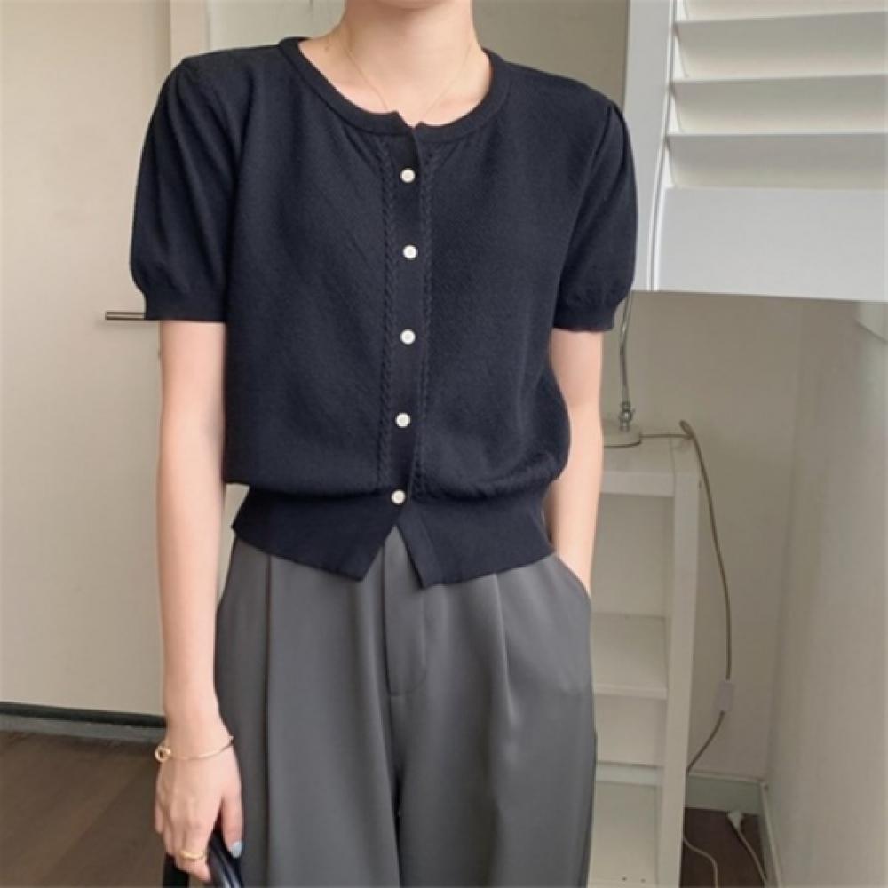 New Arrivals Open Run Women Round Neck Short Sleeve Knit Cardigan Simple Button