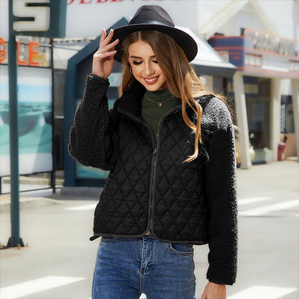 Autumn and Winter Women's Cardigan Jacket with Zipper Long Sleeved Plush Patchwork Jacket for Women