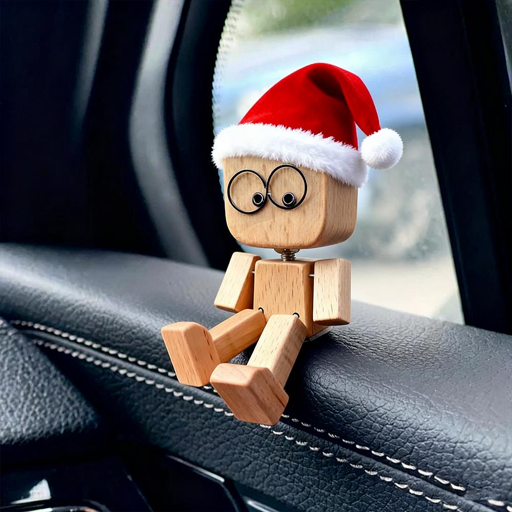 Shaking Man Statue With Christmas Hat Wooden Man Figurines With 12 Replacement Expression Unique Car Dashboard Decoration 2025