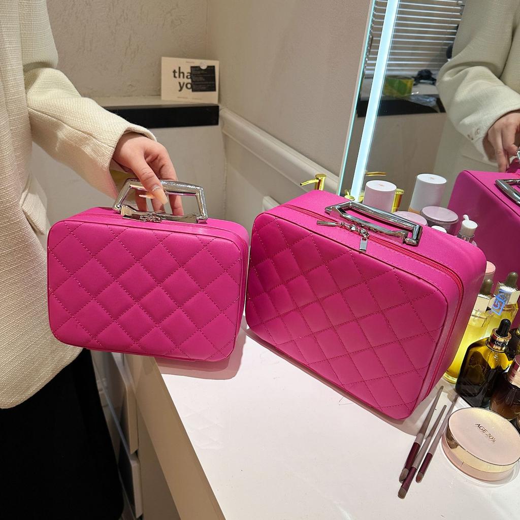 Leather Argyle Portable Women Cosmetic Bag Multifunction Waterproof Travel Storage Organize Handbag Female Mirror Makeup Case