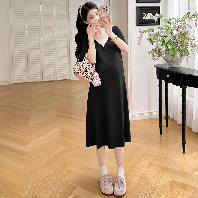 Maternity 2026 Summer Korean V-Neck Short-Sleeve Two-Piece Style Loose Slimming Dress 2XL