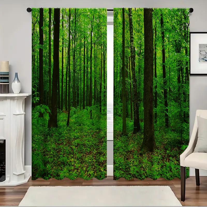 2PC Home Green Forest Curtains With Landscape Background And Pole Pocket Curtains, Kitchen, Coffee Shop, Living Room