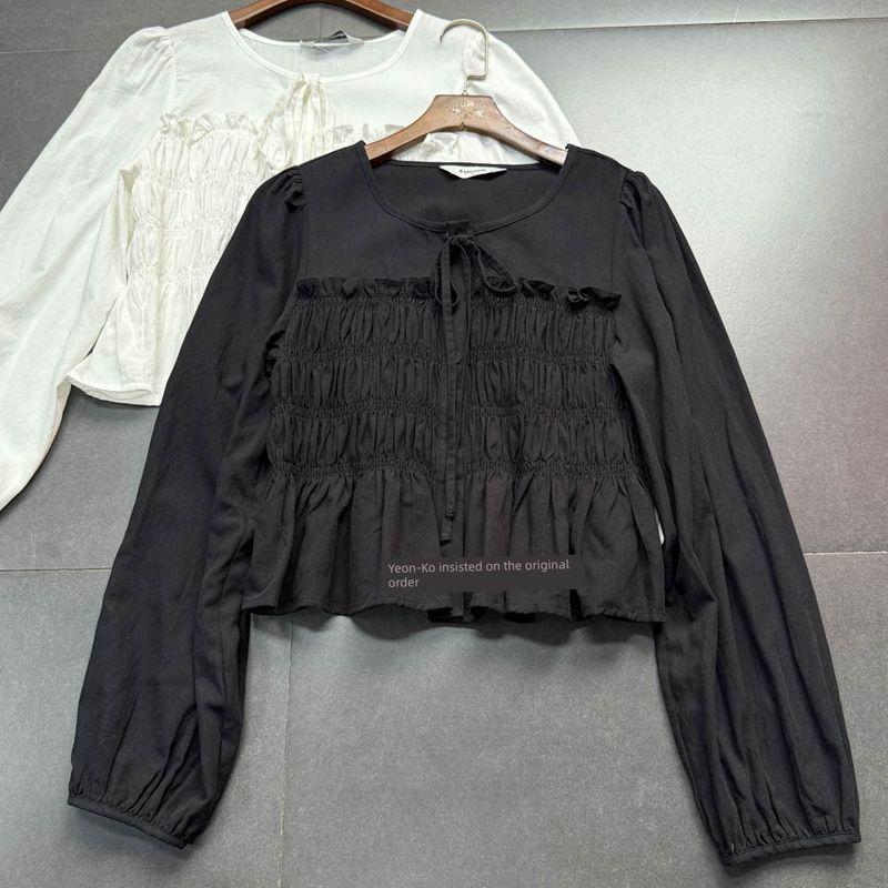

Foreign Trade Order 8 Seconds Home Simple Preppy round Neck Comfortable Pleat Lace Shirts Top 8 seconds black Tops M
