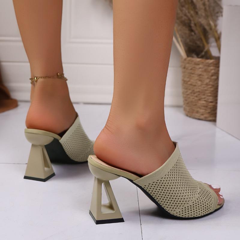 Women's High Heel Slippers Summer New British Style Fish Mouth Fashionable Thick Heel Fly Knitting Slip-On Sandals
