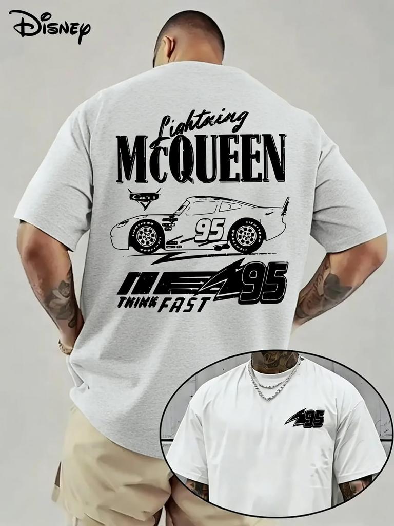 T-shirt Beige Oversize a Maniche Corte con Disegno dell'Auto da Corsa 95 Saetta McQueen di Disney Pixar Cars, Slogan "Think Fast" e Numero 95 Saetta