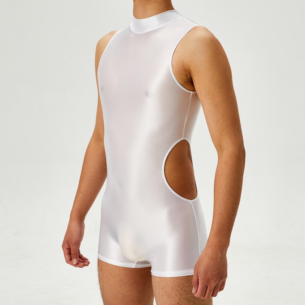 Sexy Herren-Einteiler Ausgeschnittenes Bodysuit Unisex Strumpfhose Elastisches Leotard Öl Glänzend Glatt Leotard Formgebender Jumpsuit