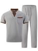Men's Plaid Color-Block Casual Suit with Short Sleeve V-neck T-shirt and Long Pants