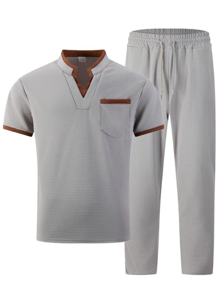 Men's Plaid Color-Block Casual Suit with Short Sleeve V-neck T-shirt and Long Pants