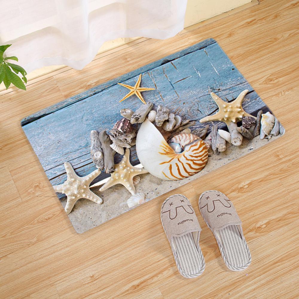 Beach-style Starfish and Shell Print Floor Mat with Anti-slip Properties Suitable for Living Room Balcony and Bathroom