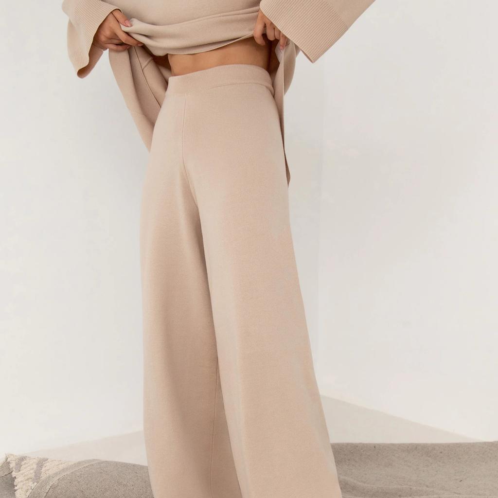 GMXIA Women's Half Turtleneck Sweater Set Irregular Bevelled Sweater + Knitted Wide Leg Pants Two Piece Set