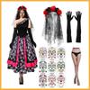 Mexicans Day of The Deads Costume Halloween Sugar Skull Roses Temporary Tattooed Veil Headpiece Fishnet Stockings Gloves
