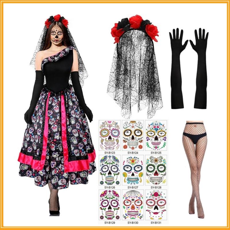 Mexicans Day of The Deads Costume Halloween Sugar Skull Roses Temporary Tattooed Veil Headpiece Fishnet Stockings Gloves