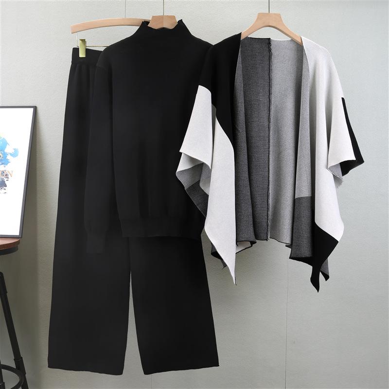 

2025 Autumn and Winter New European and American Fashion Knitted Color Matching Shawl Wide-leg Pants Fashionable Three-piece Women One Size чорний