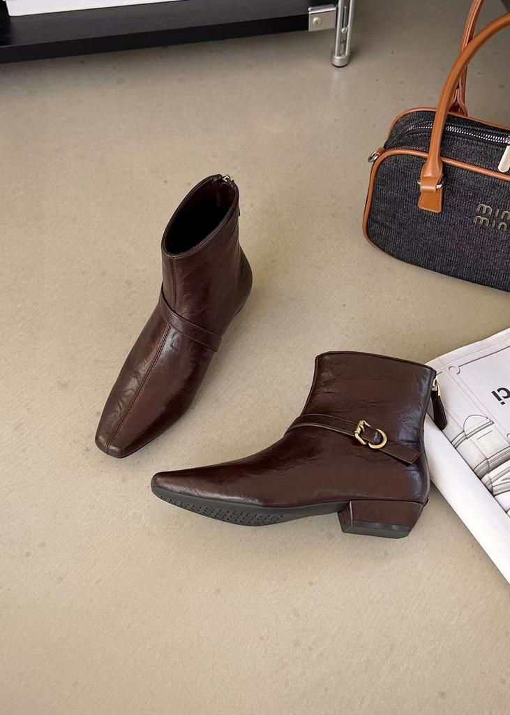 French new square head short boots, inner height increase, thin boots, foreign style