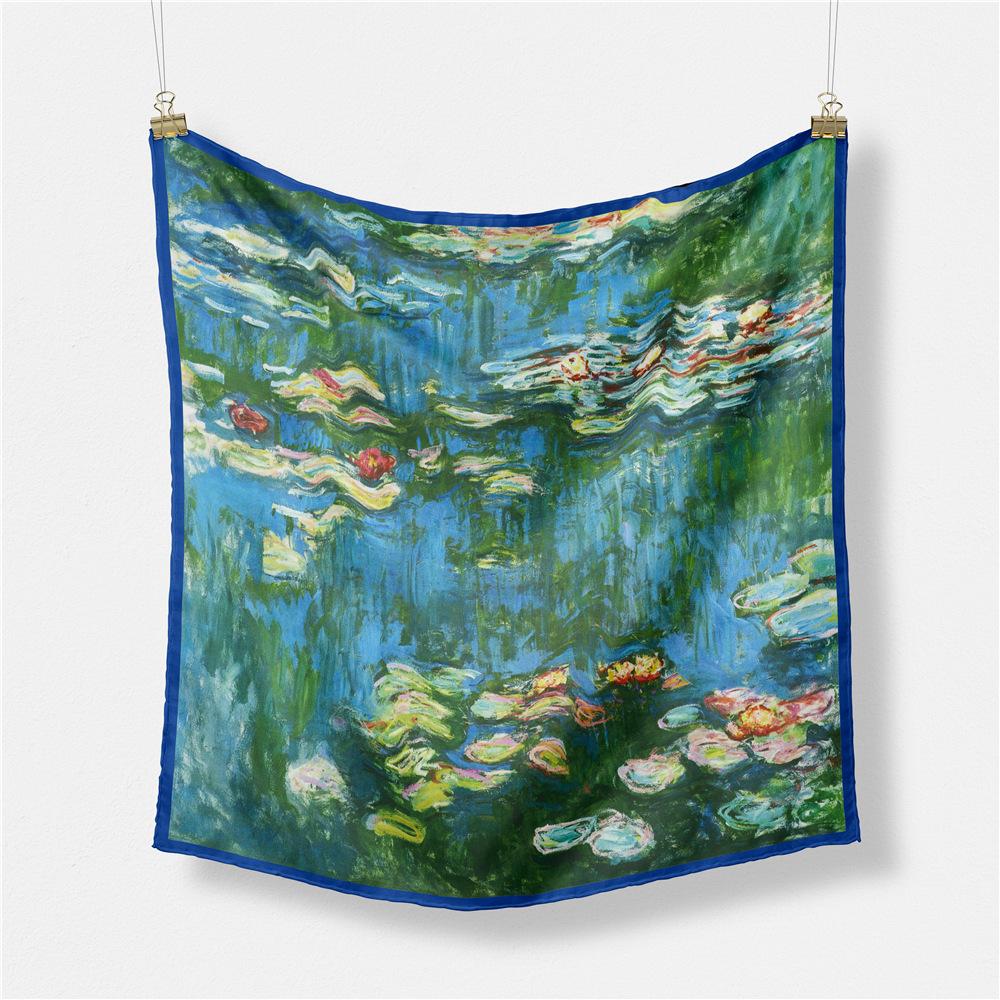 Famous Oil Painting Twill 100% Silk Scarf Fashion Bandana Women Scarf Wraps 53cm Square Scarves Hijab Head Scarf Neckerchief