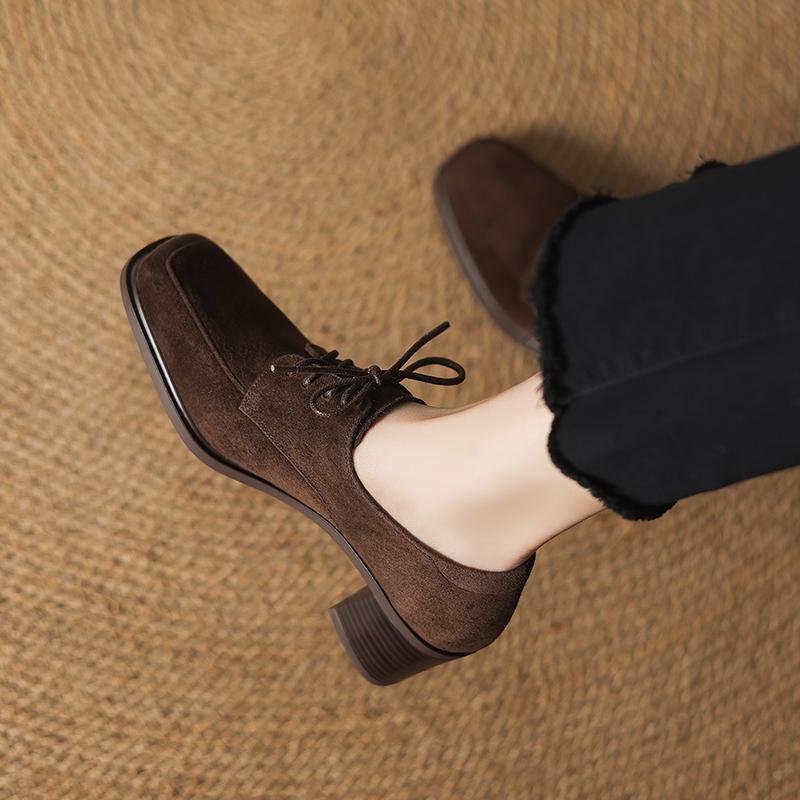 Fashion 2025 New Spring Women Pumps Kid Suede Shoes for Women Square Toe Chunky Heel Shoes Women Loafers Designer Ladies Shoes
