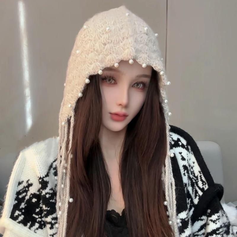 Pearl Tassel Pendant Red Hollow Wool Hat Women's Spring and Autumn Bohemian Style Knitted Pullover Hat