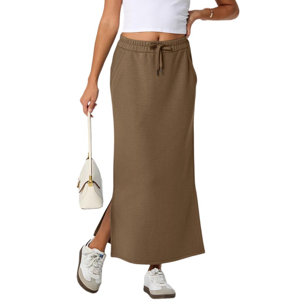 Womens Casual Maxi Skirts  High Waist Trendy Drawstring Side Slit Skirts With Pockets