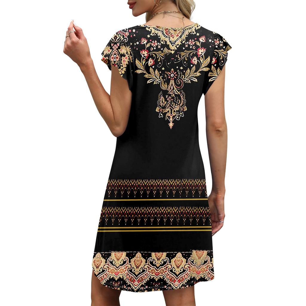 Womens Summer Dress Ruffle Sleeve V Neck Short Dresses Fashion Casual Flowy A Line Swing Sundress With Pocket