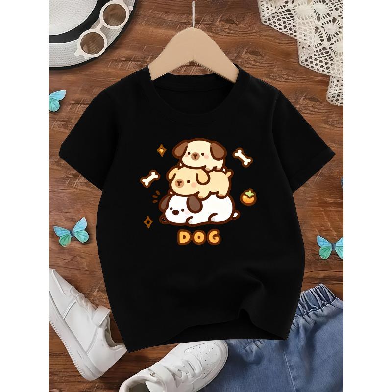 European sizes Girls' Casual Crew Neck Short Sleeve T-Shirt | Spring/Summer Knit Top with Cute Cartoon Dog Print, Perfect Gift for Kids