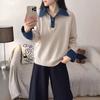 Cross-border Hot-selling Denim Sleeves Splicing Fake Two-piece Sweater Women's Autumn and Winter Women's Loose POLO Neck Knitted Sweater Women's