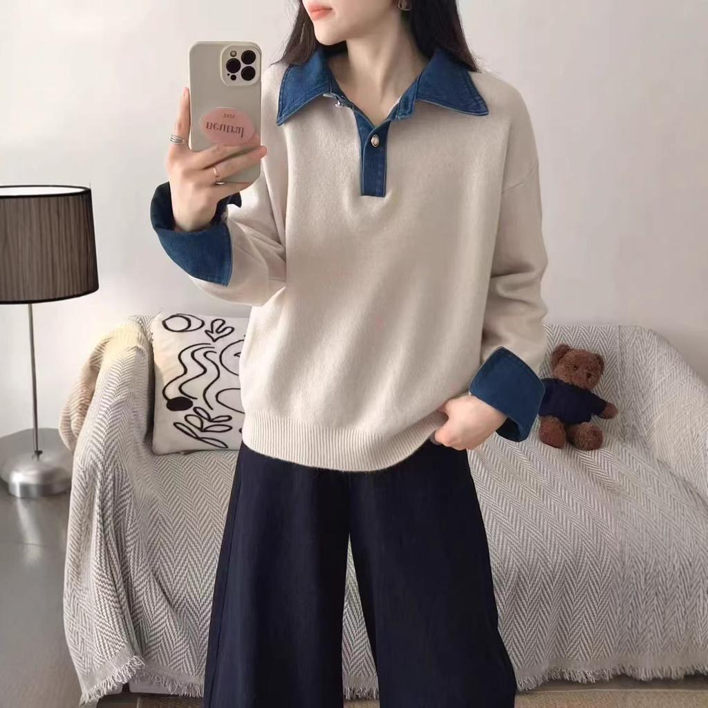 Cross-border Hot-selling Denim Sleeves Splicing Fake Two-piece Sweater Women's Autumn and Winter Women's Loose POLO Neck Knitted Sweater Women's