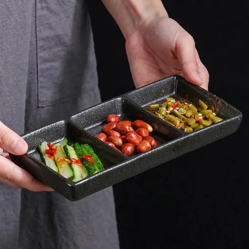 7.5 Inchs Ceramics 3 Grids Dipping Sauce Plate Japanese Retro Household Vinegar Dish Restaurant Hot Pot Dipping Sauce Tableware
