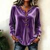 Blouse Haut Top Velours Élégant à Boutons sur le Devant et Manches Longues pour Femme
