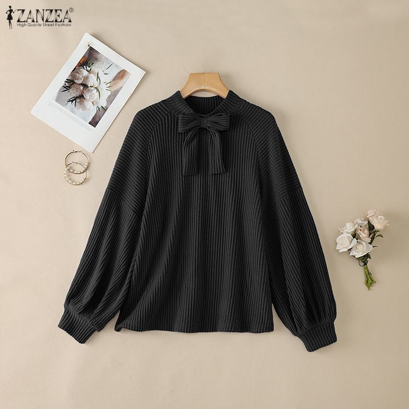 ZANZEA Autumn Women Bows Splice Crew Neck Long Sleeve Ribbed Texture Loose Blouse