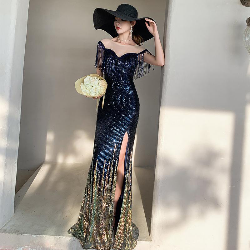 Fishtail Banquet Dress Women's 1011 Autumn and Summer New Tassel Sequins Heavy Industry Host Aura Annual Meeting Evening Dress