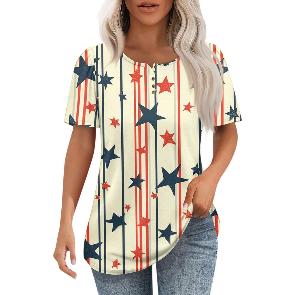 Modisches, lässiges Pullover-Oberteil mit kurzen Ärmeln und Knopfleiste und Rundhalsausschnitt für Damen