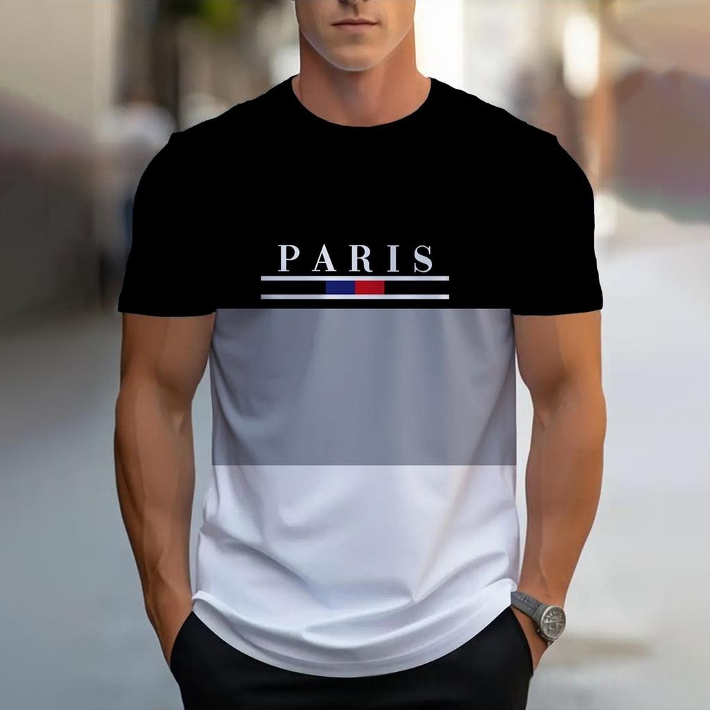 Hot-selling PARIS Letter Print Men T-shirt Crew Neck Print Refreshing Casual Breathable Comfortable Men's T-shirt