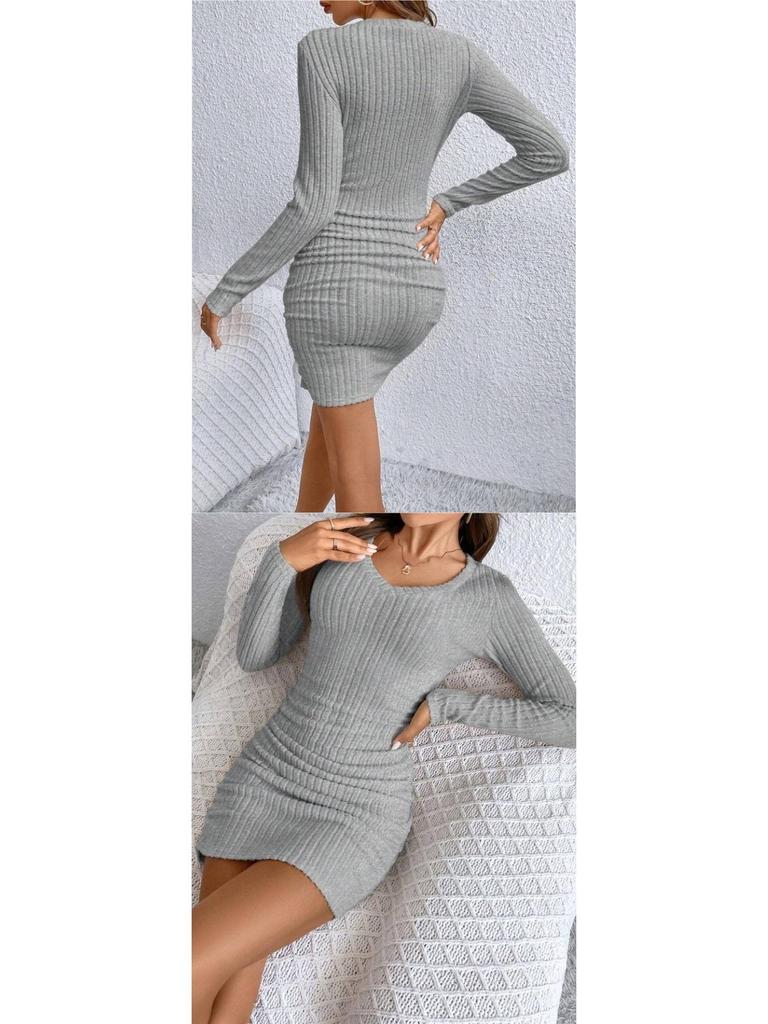 2026 European & American Slim-Fit Ribbed V-Neck Long-Sleeved Hip-Hugging Dress for Spring & Autumn