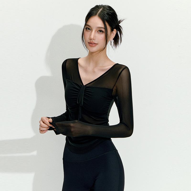Sexy Mesh High-end Yoga Clothes Long-sleeved Integrated Chest Pad Fitness Professional Training Pilates Sports Top