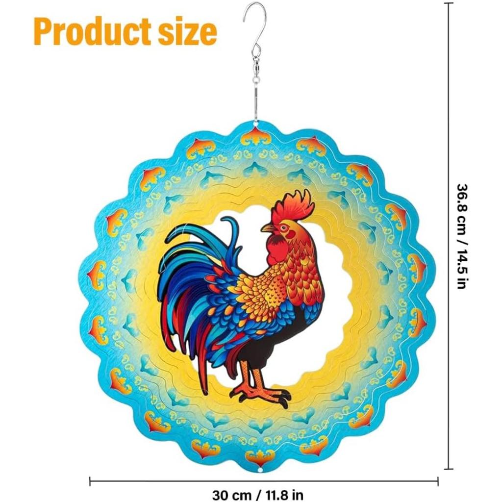 Rooster Wind Spinner, 30cm 3D Metal Hanging Wind Spinner, Hanging Ornament for Women Gifts Garden Yard Art Decorations (Rooster)