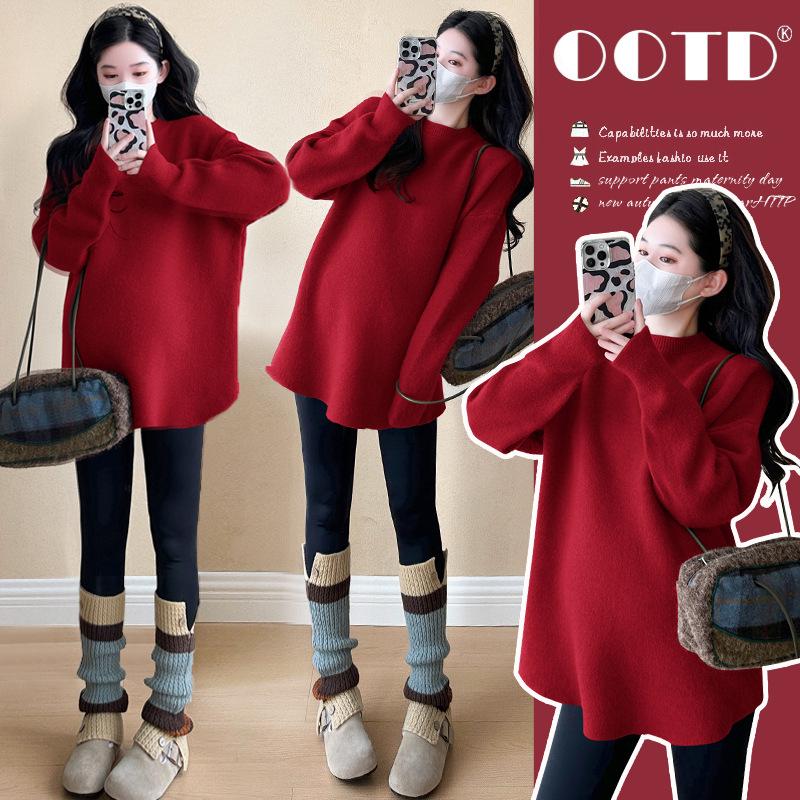 Autumn-Winter 2026 Korean Style Knitted Maternity Top - Long Sleeve, Festive Red, Chic Mid-Length for Christmas XL