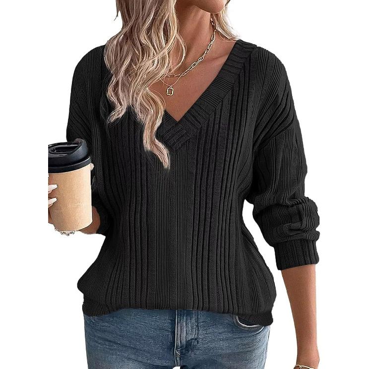 Women s New Solid Color Long Sleeve V-Neck Business Casual Spring Knit Top S чёрный