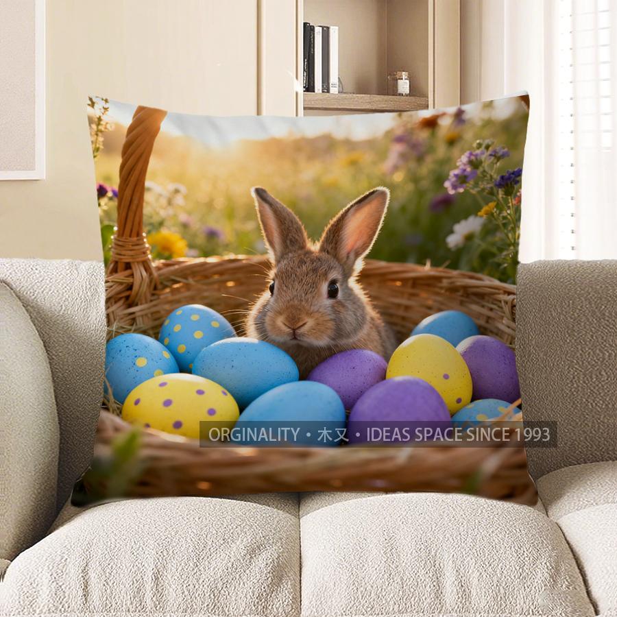 2D Rabbit With Easter Eggs And Flowers Pillow Cover Pattern Cushion Cover Suitable For Sofa Bedroom Car Pillow Cover