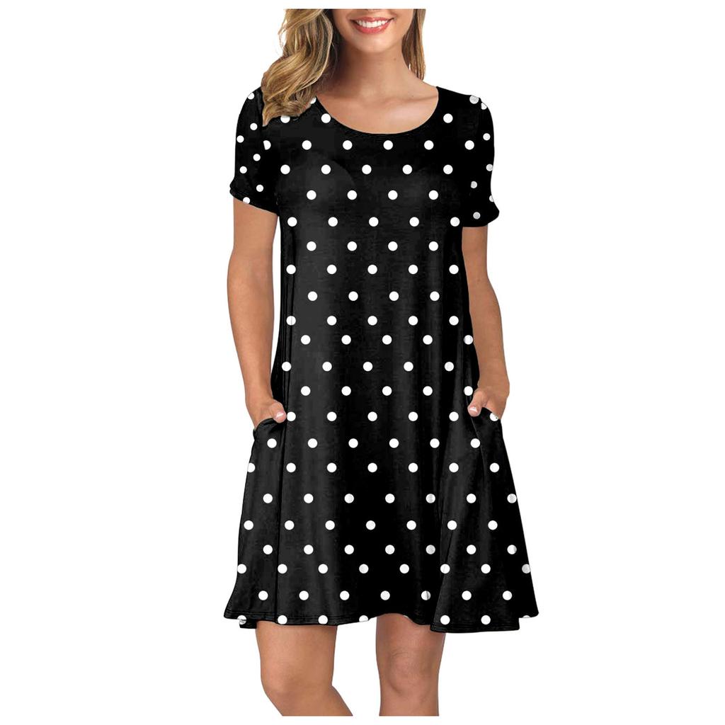 Women Summer Short Sleeve Flower Printed Pockets Sundress Casual Swing Dress