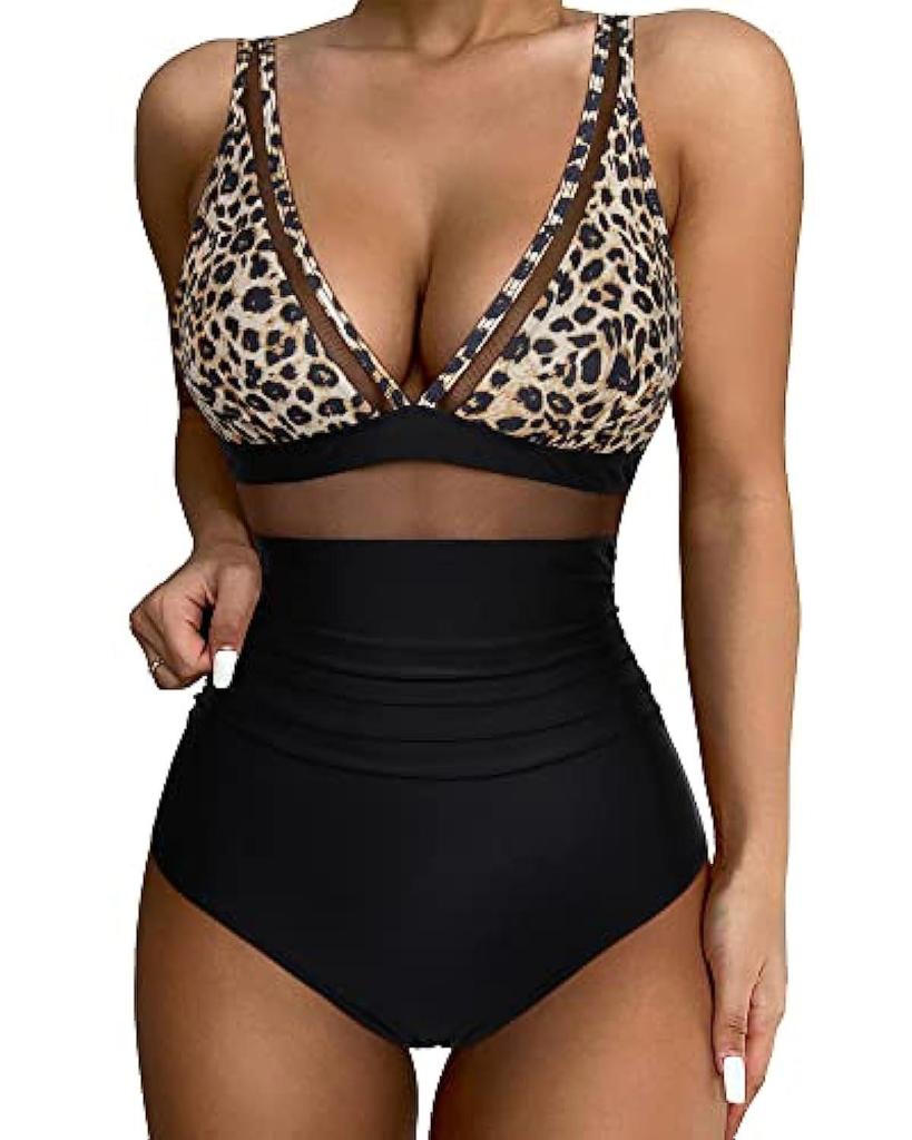 European & American Sexy Mesh Deep V One-Piece Swimsuit for Women