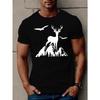 European sizes Men'S Casual Crew Neck T-Shirt with Deer and Bird Silhouette, Summer Knit Cotton Top, Regular Fit, Slight Stretch, Geometric Pattern
