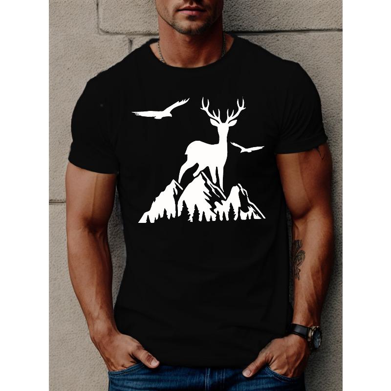

European sizes Men S Casual Crew Neck T-Shirt with Deer and Bird Silhouette, Summer Knit Cotton Top, Regular Fit, Slight Stretch, Geometric Pattern S чёрный