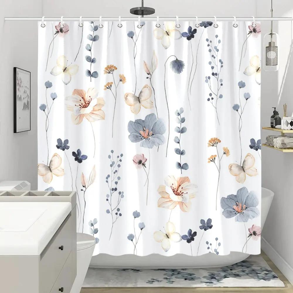 Colorful Flowers Shower Curtain for Bathroom Pink Floral Romantic Wildflower Plants Nature Scenery Decor Curtain Set with Hook