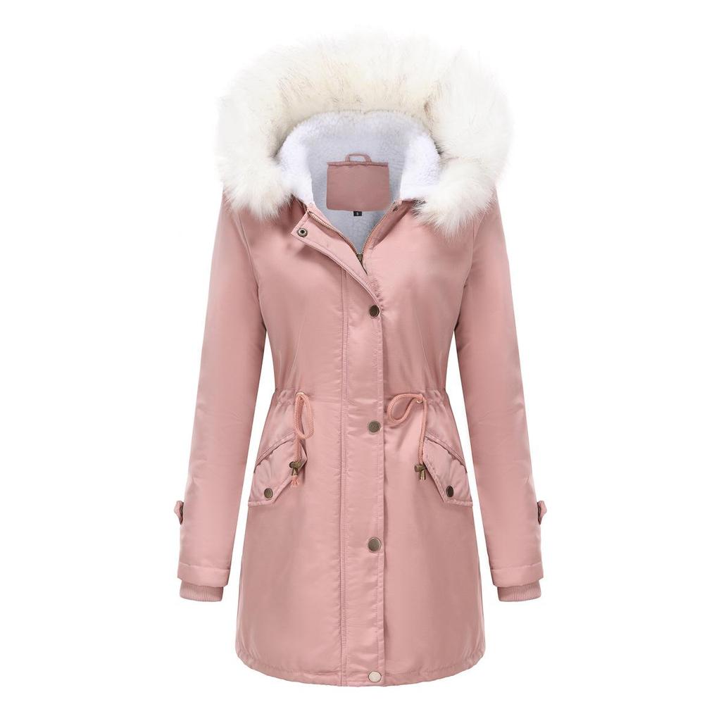 2023 Women's Detachable Fur Collar Parka: Long Sleeve Hooded Cotton Coat with Fleece Lining for Autumn/Winter
