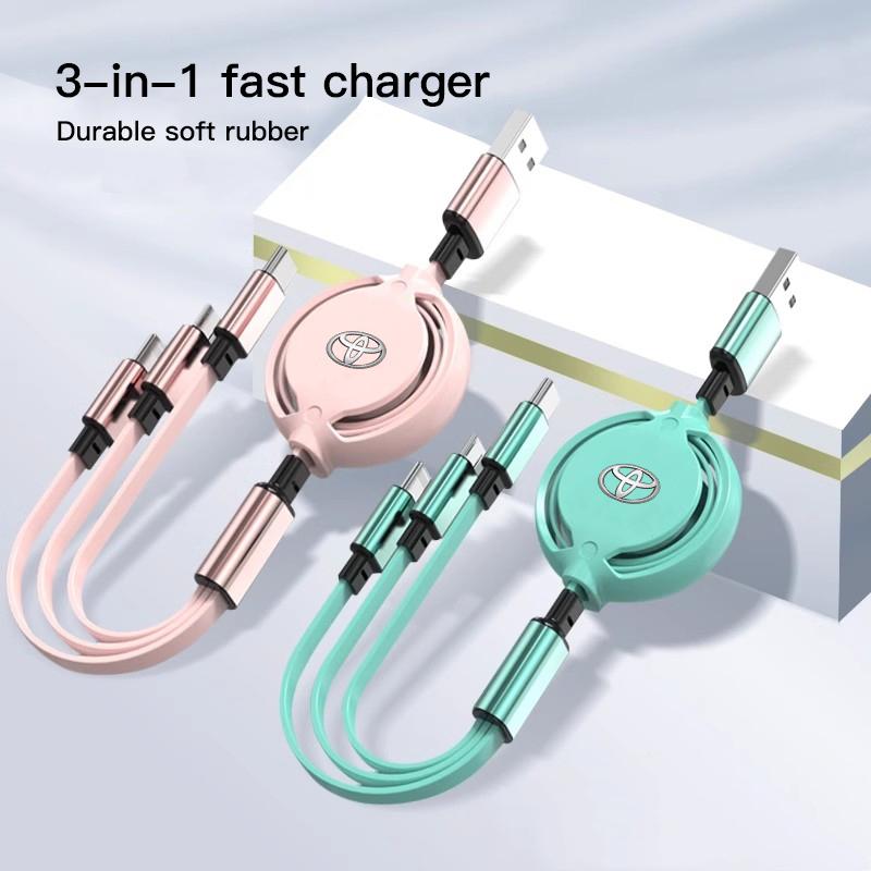 3 In 1 Retractable Mobile Phone Fast Charging Cable For Toyota Corolla Camry Asian Dragon Supra Hilux Land Cruiser GR SPORT TRD