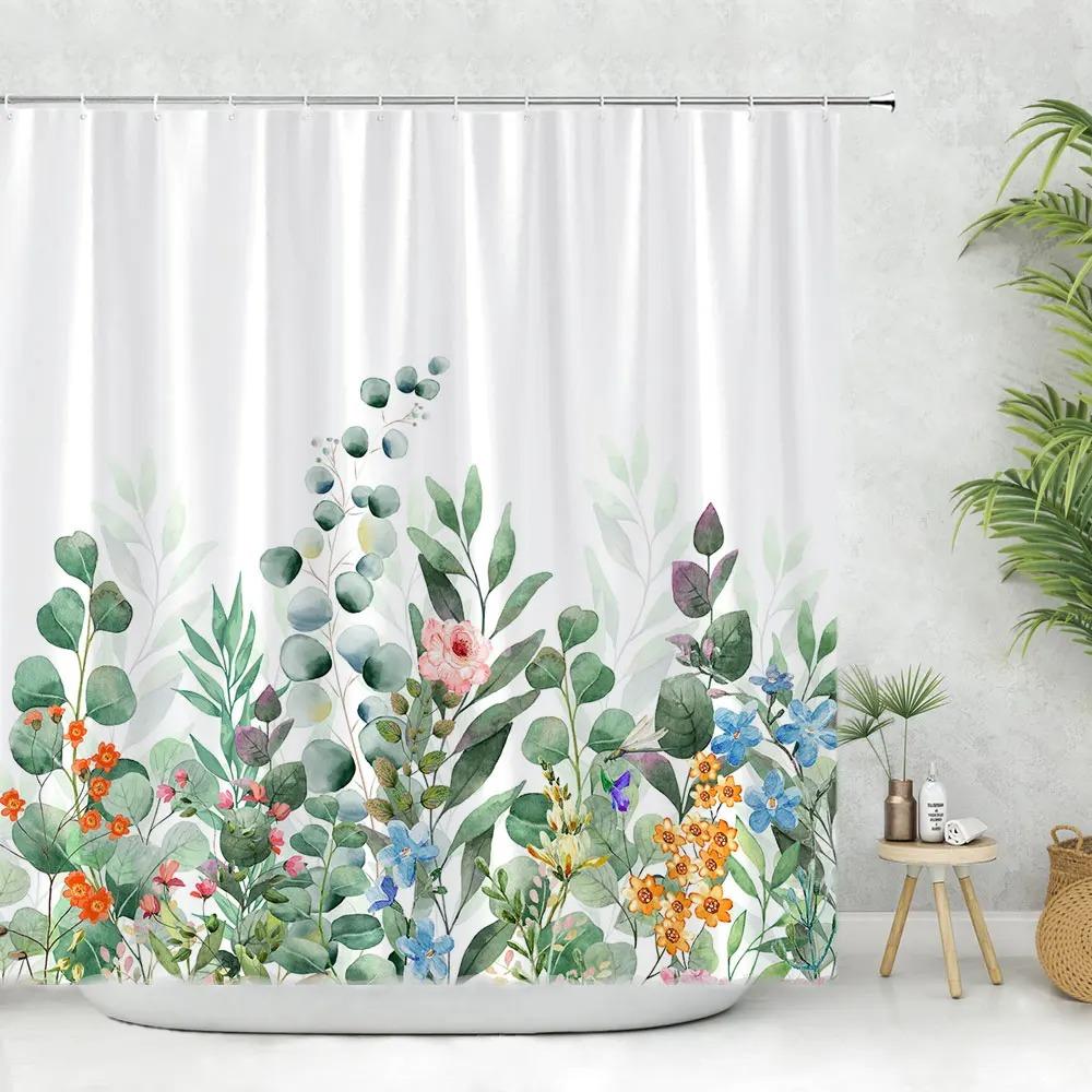 

Beautiful Spring Greenery Floral Shower Curtain Eucalyptus Leaves Tropical Leaves Polyester Washable Buth Curtain Bathroom Decor 90x180cm-35x70in