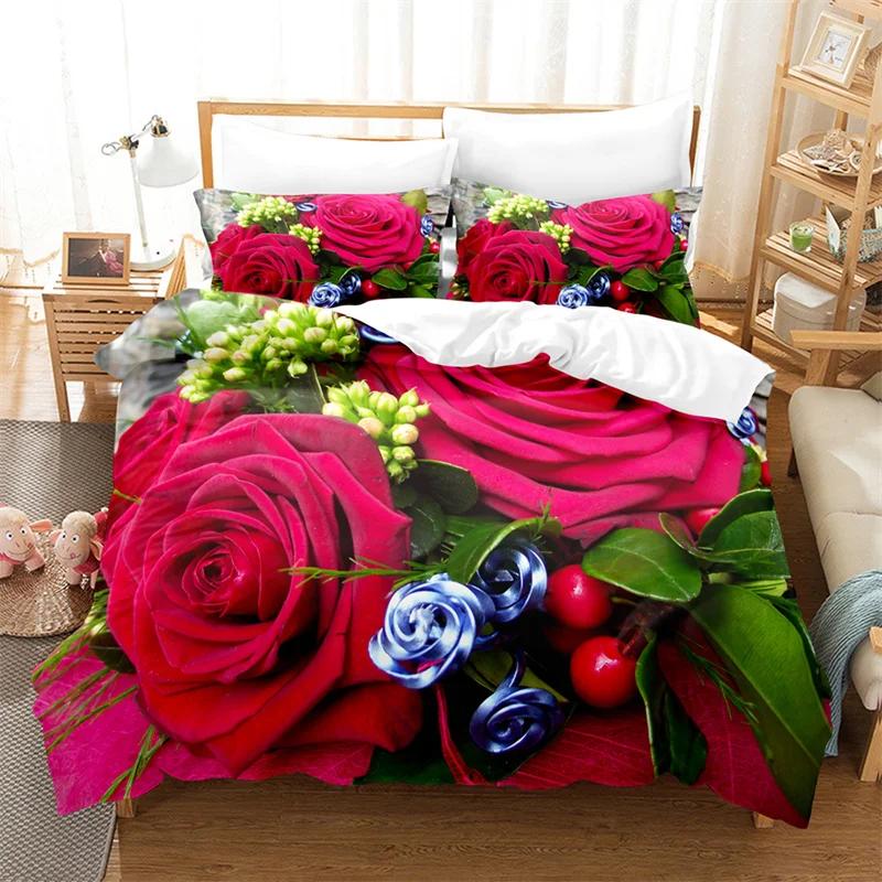Comforter Rose Flower Bedding Set 4Pcs Pink Red 200X230 For Double Bed 3D Bedsheet 230X230 Full Size Thin Fabric