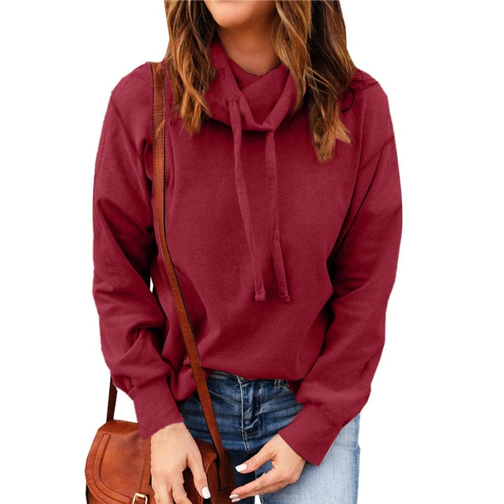 Women's Fashion Casual Long Sleeve Solid Color High Neck Drawstring Sweatshirt