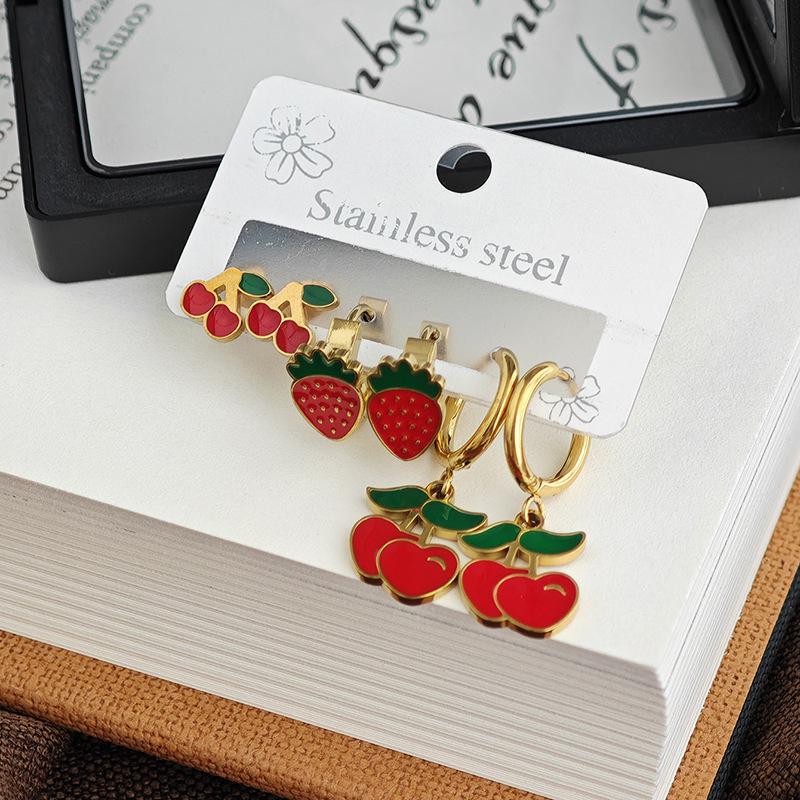 Strawberry Cherry Titanium Steel Earrings - Women's Sweet Versatile Jewelry