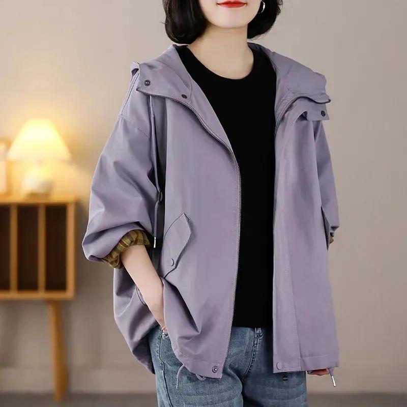 

Женское весенне-осеннее повседневное пальто с длинными рукавами, литературное, корейского кроя, свободное, с капюшоном, ветровка XS фиолетовый